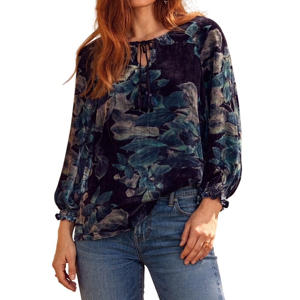 Johnny‎ Was Glowing Iris Velvet Floral Peasant Tunic Bishop Sleeve S
